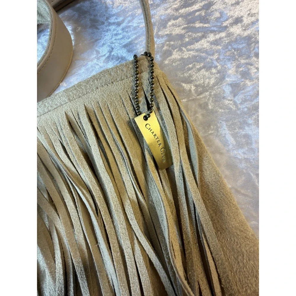 Charter Club Suede Leather Fringe Shoulder Bag Tan Boho Western Crossbody